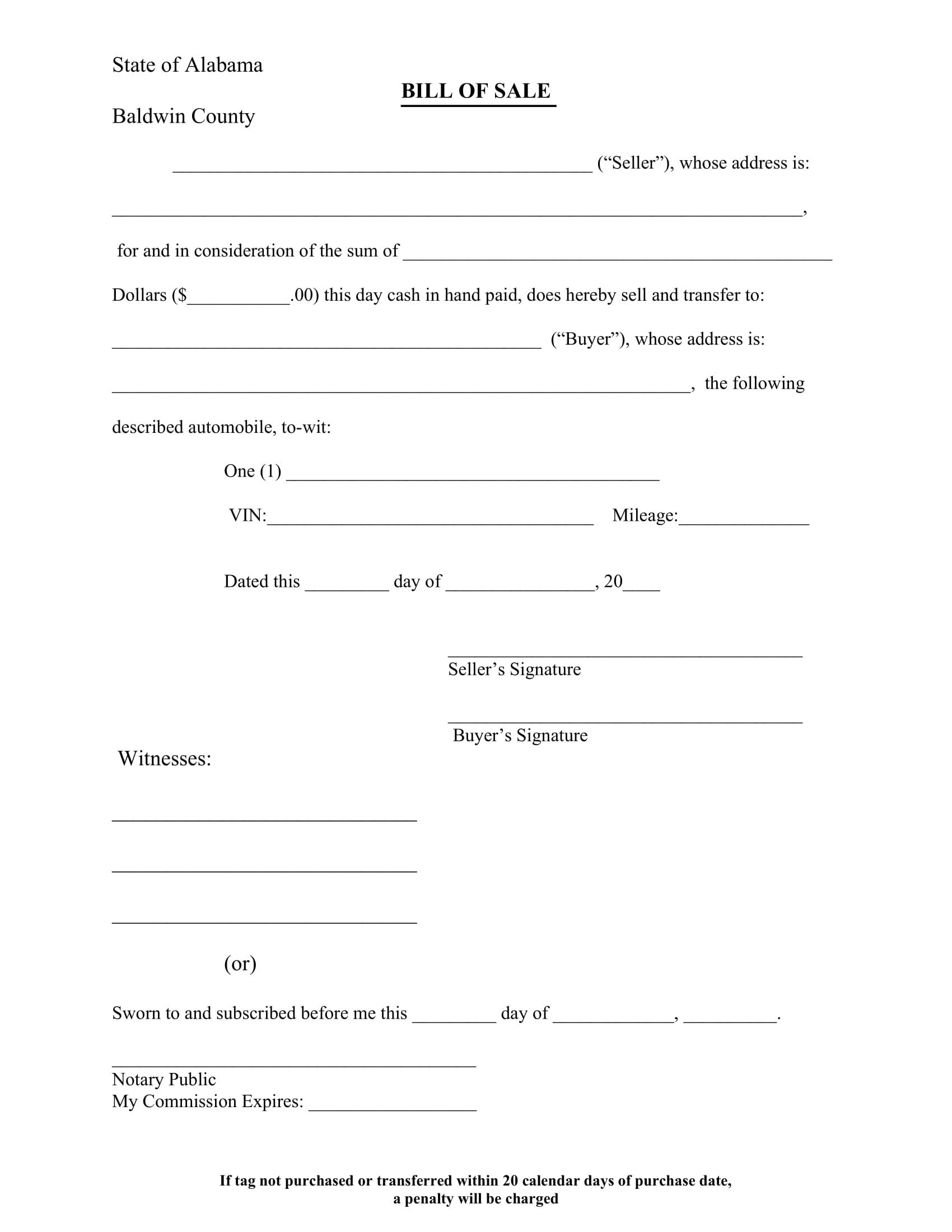 Free Alabama Car Bill Of Sale Template Fillable Forms