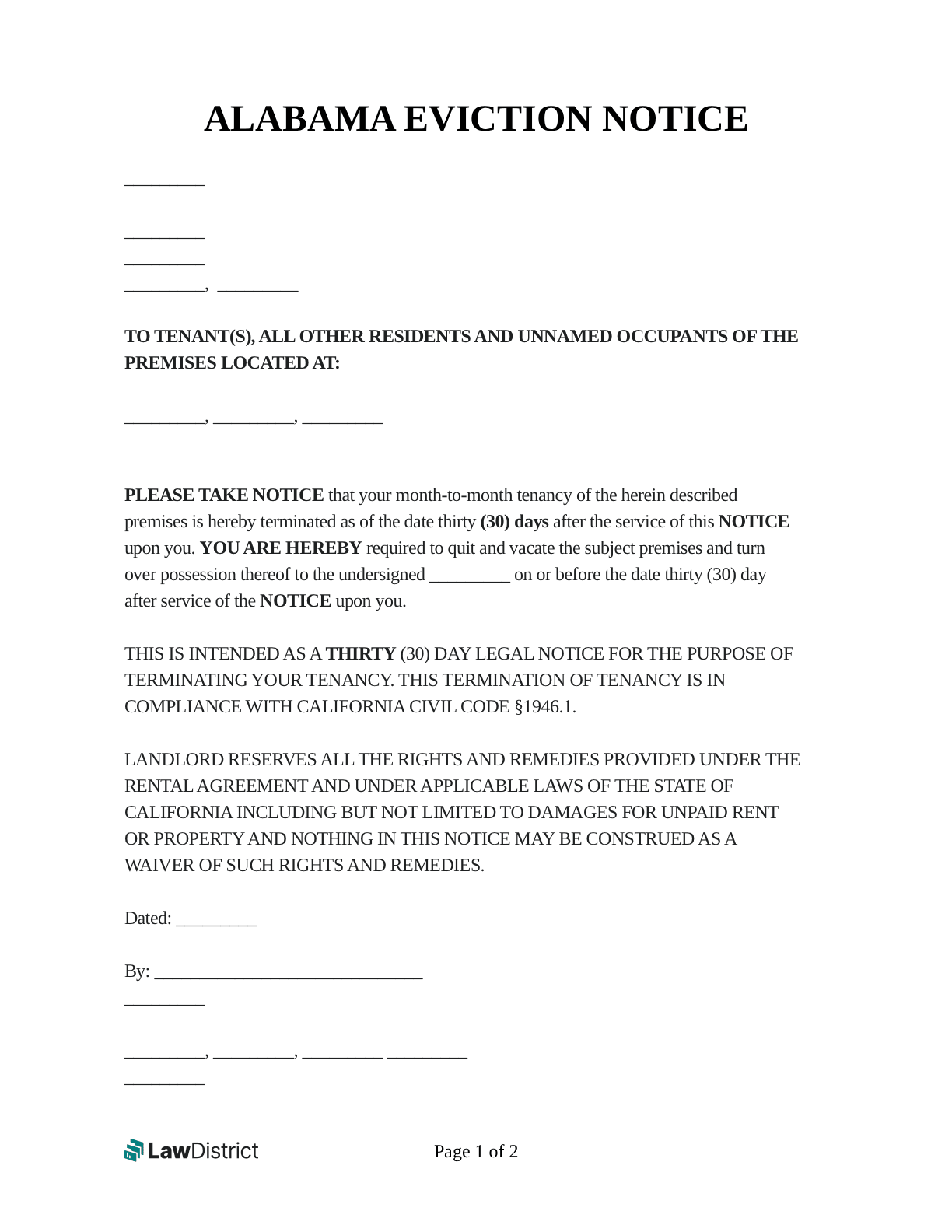Free Alabama Eviction Notice Law U0026 Process LawDistrict