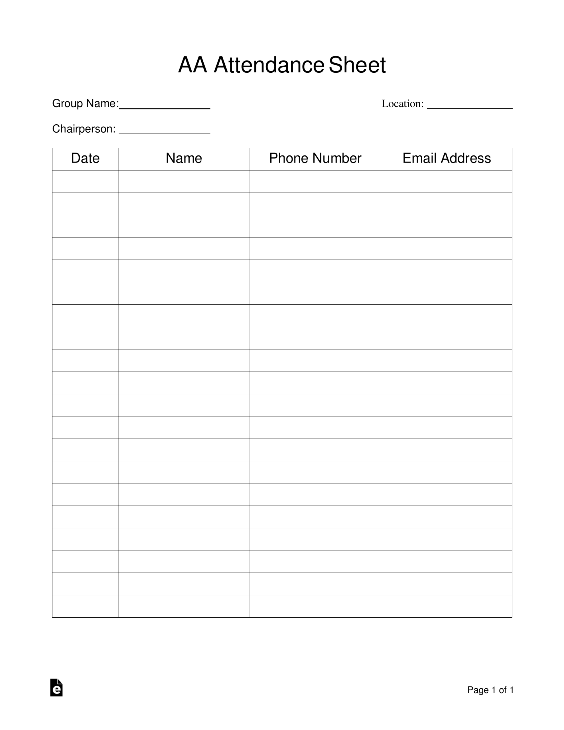 Free Alcoholics Anonymous AA Sign in Attendance Sheet Template for Group Leader PDF Word EForms