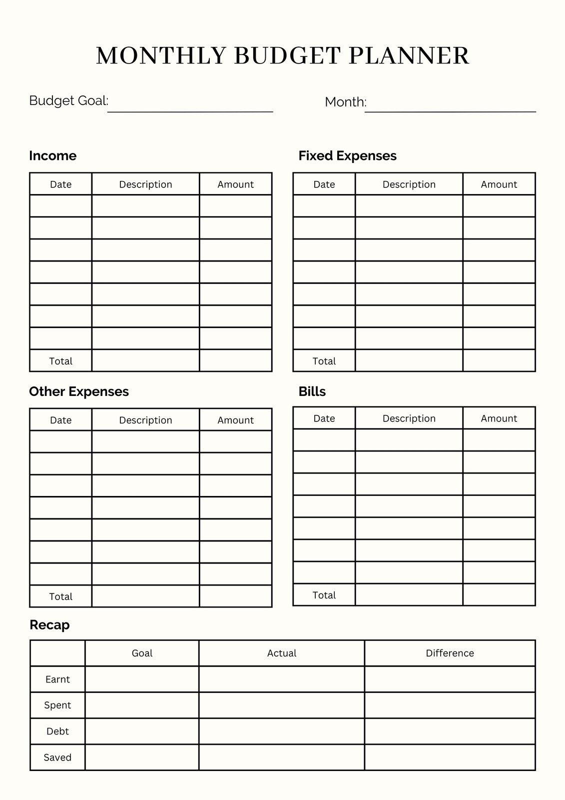 monthly bill planner printable