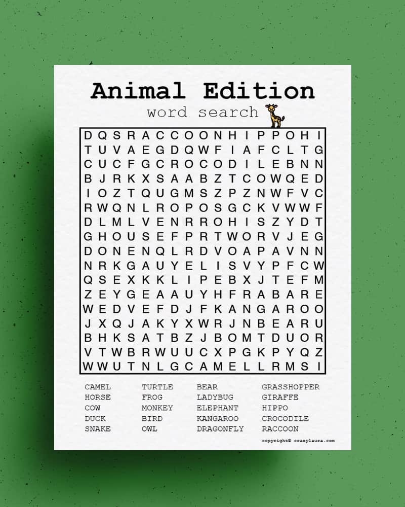 animal word search printable