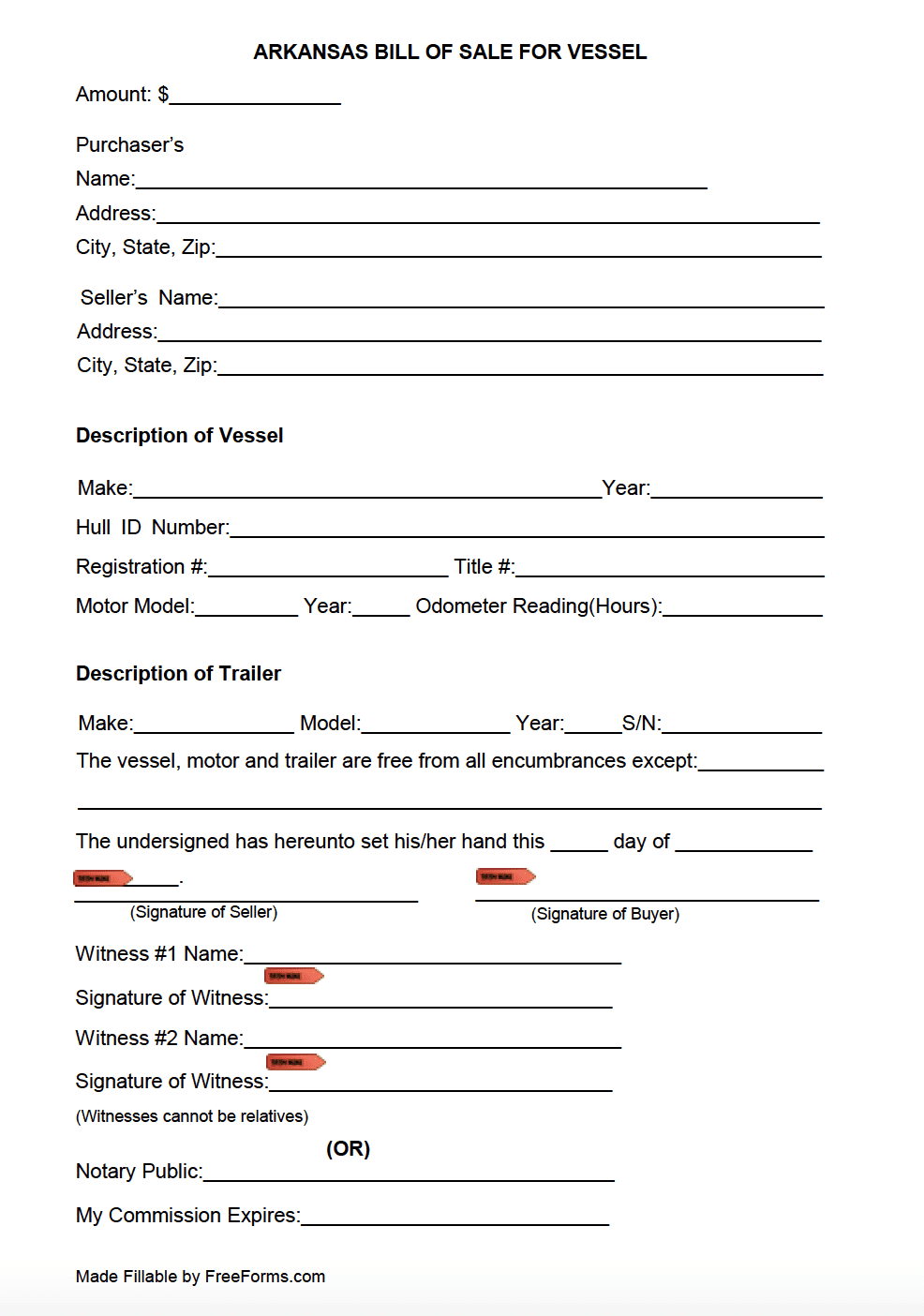 Free Arkansas Boat Vessel Bill Of Sale Form PDF