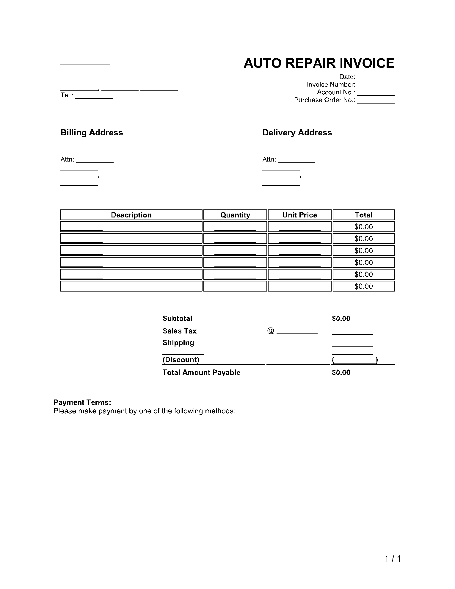 free printable auto repair invoice template