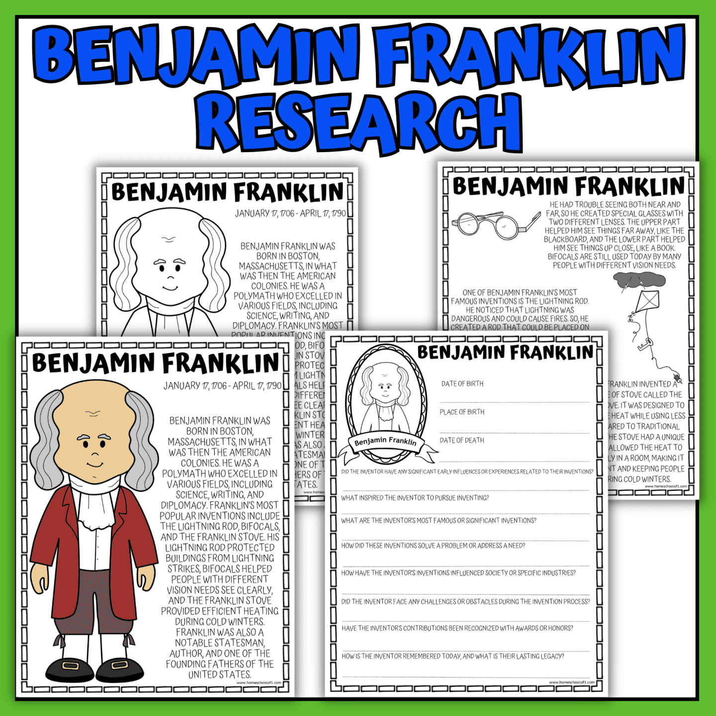 Free Benjamin Franklin Coloring Pages U0026 Timeline Worksheets