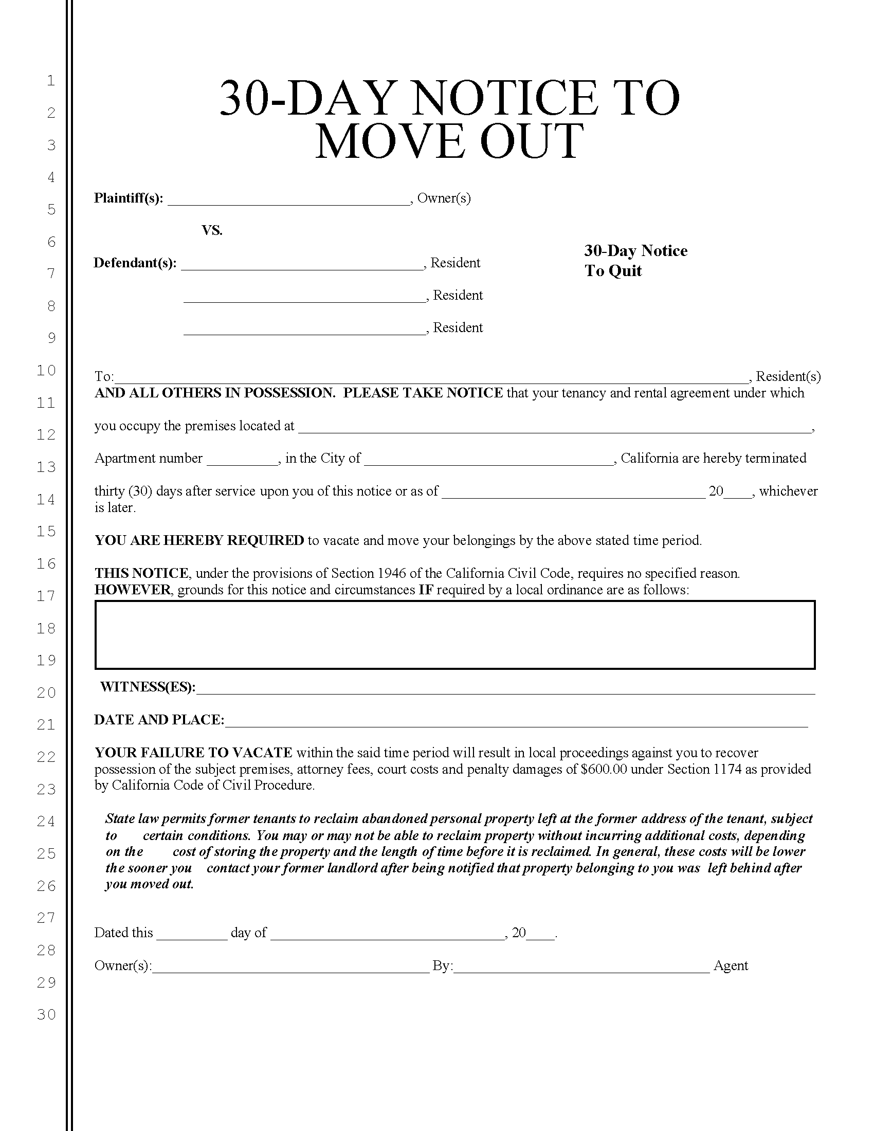 free printable 30 day eviction notice template