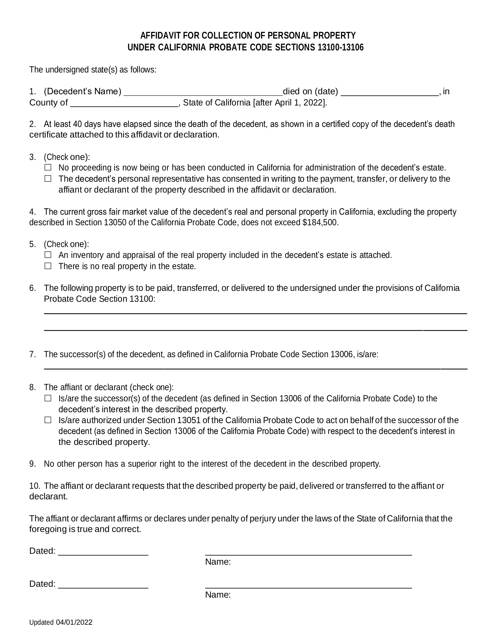 Free California Small Estate Affidavit Affidavit For Collection Of Personal Property PDF EForms Free California Small Estate Affidavit Affidavit For Collection Of Personal Property PDF EForms