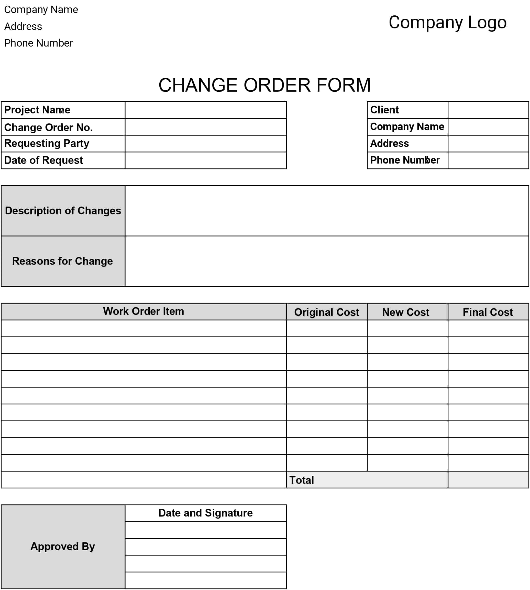 Free Change Order Templates Download Print Construction Forms 