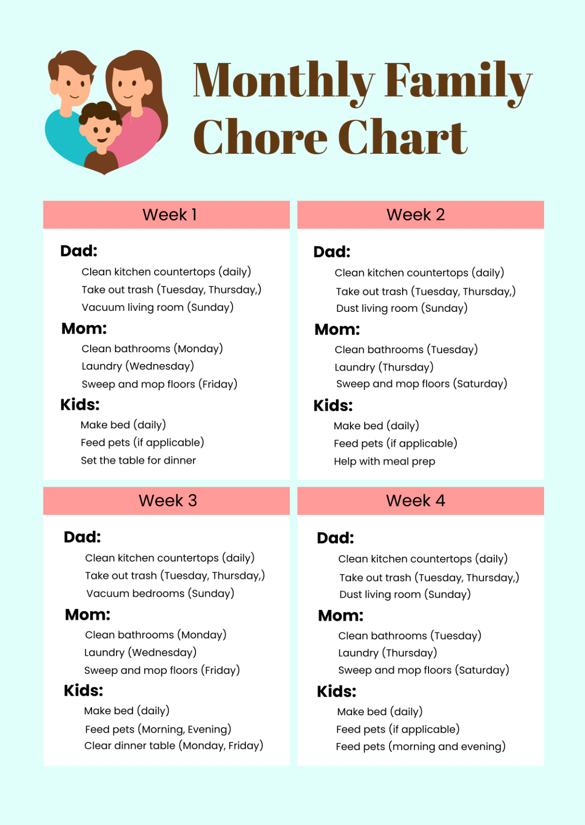 free printable chore chart templates