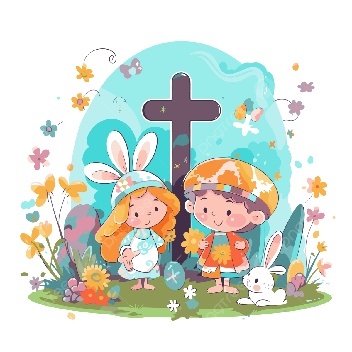 Free Christian Easter Vector Sticker Clipart Children Stand In An Easter Style With Rabbits And An Easter Cross Isolated Illustration Ilustraci Cartoon Sticker PNG And Vector With Transparent Background For Free Download