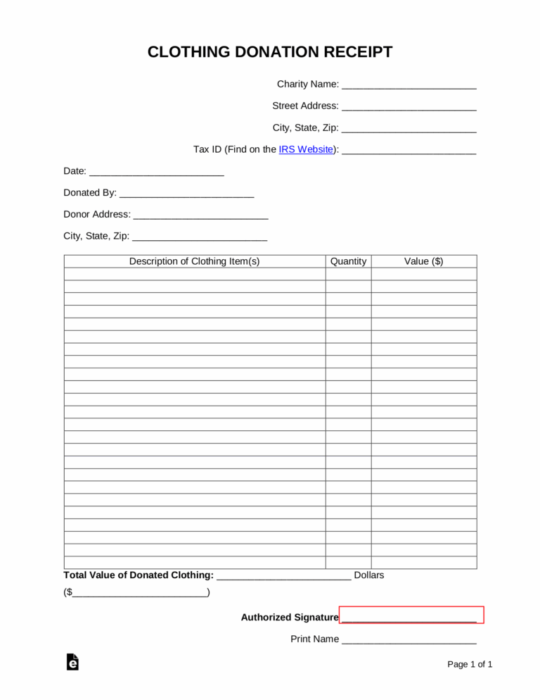 Free Clothing Donation Tax Receipt PDF Word EForms