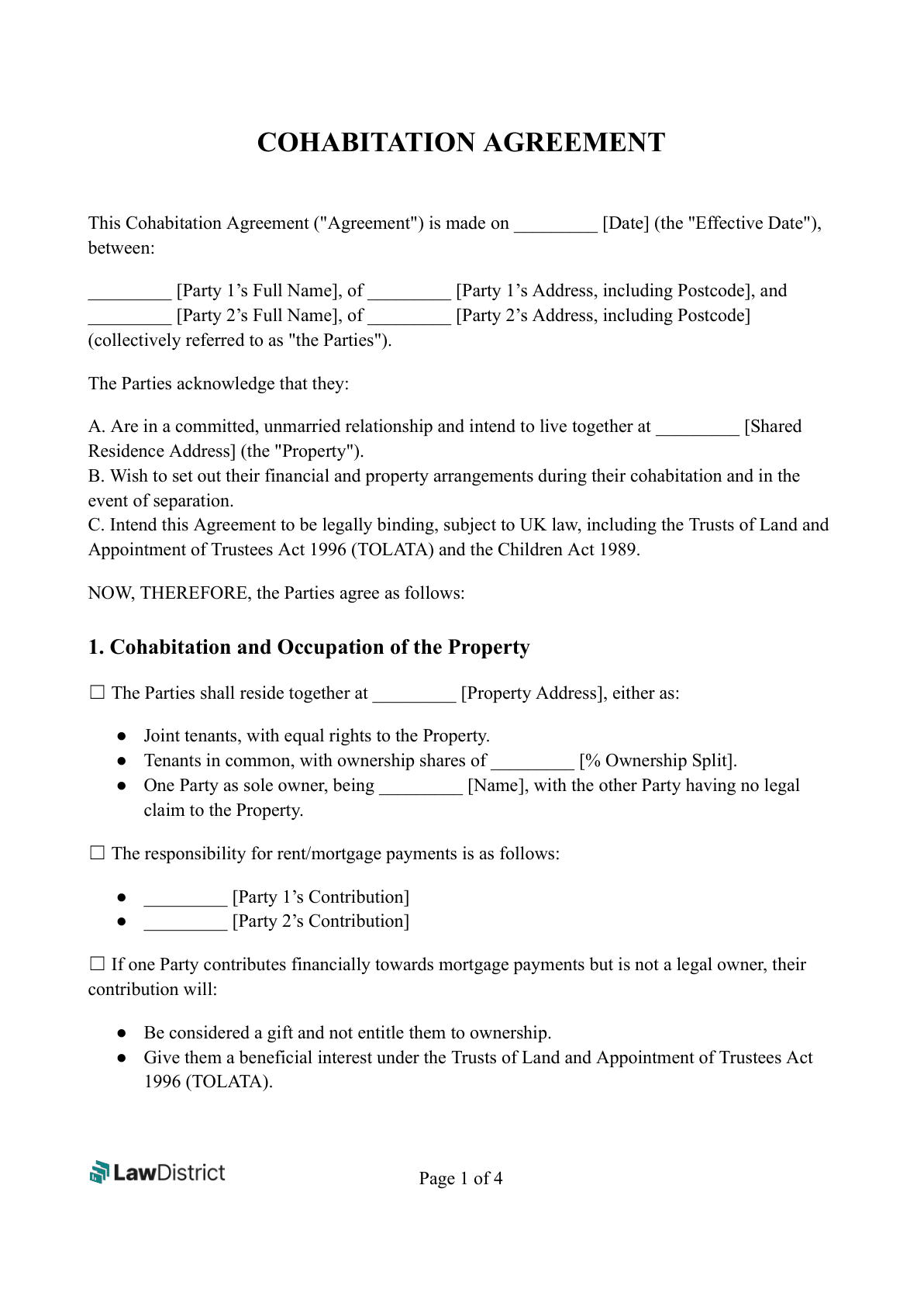 Free Cohabitation Agreement Form UK PDF U0026 Word LawDistrict