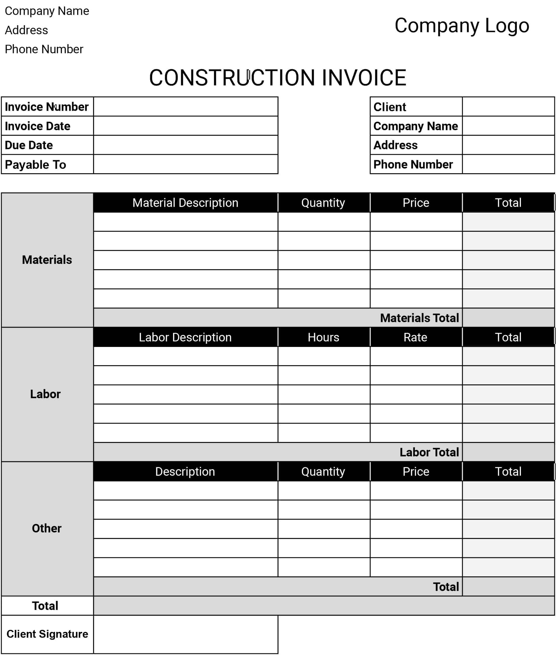 Free Construction Invoice Templates Download Print In PDF 