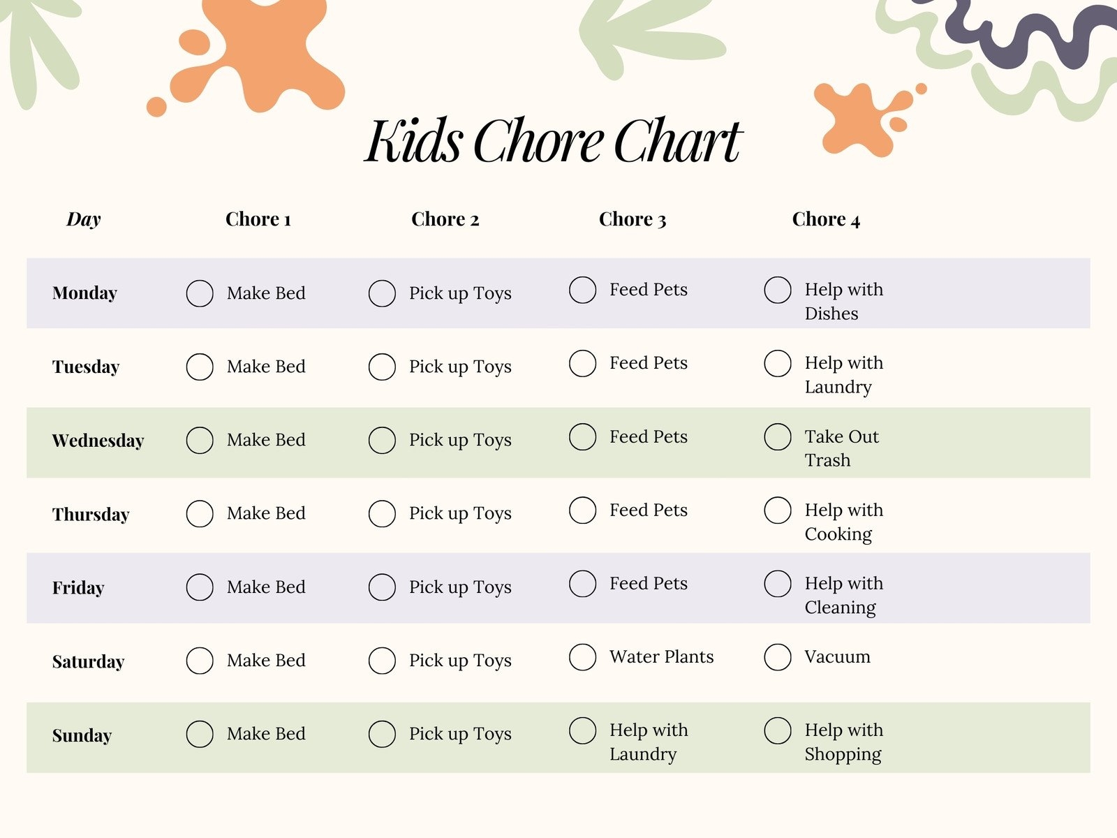 printable chores for kids by age