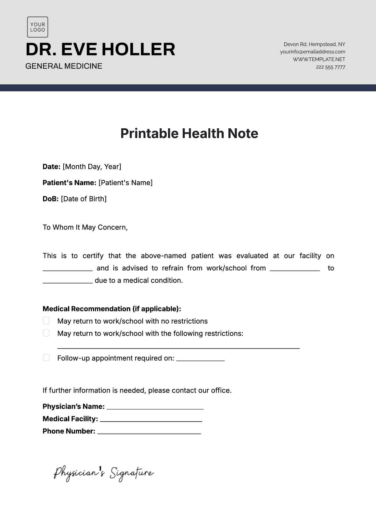Free Doctor Note Templates To Edit Online
