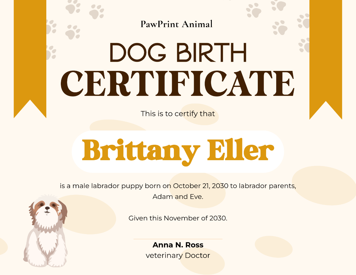 birth certificate for dogs free printable