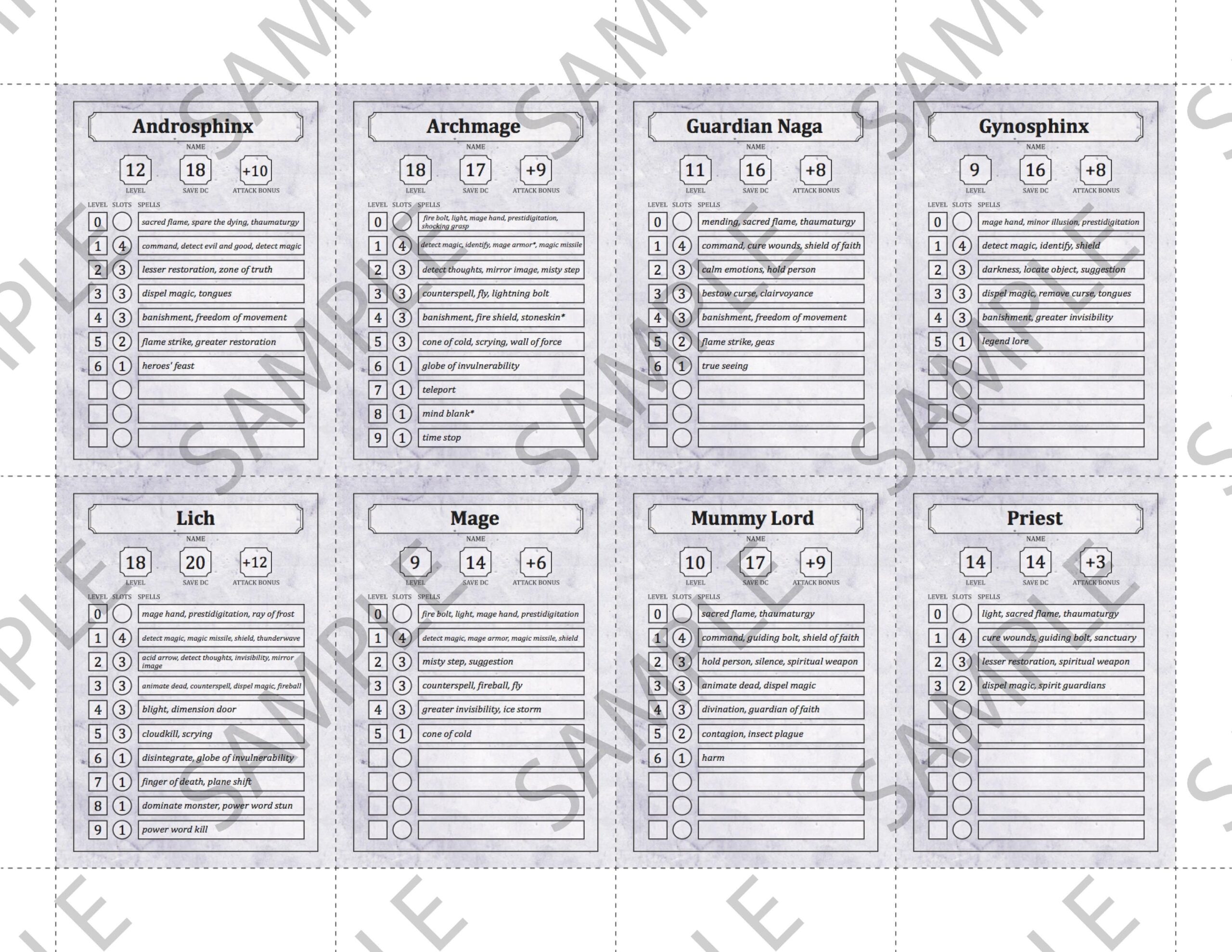 spell cards 5e printable