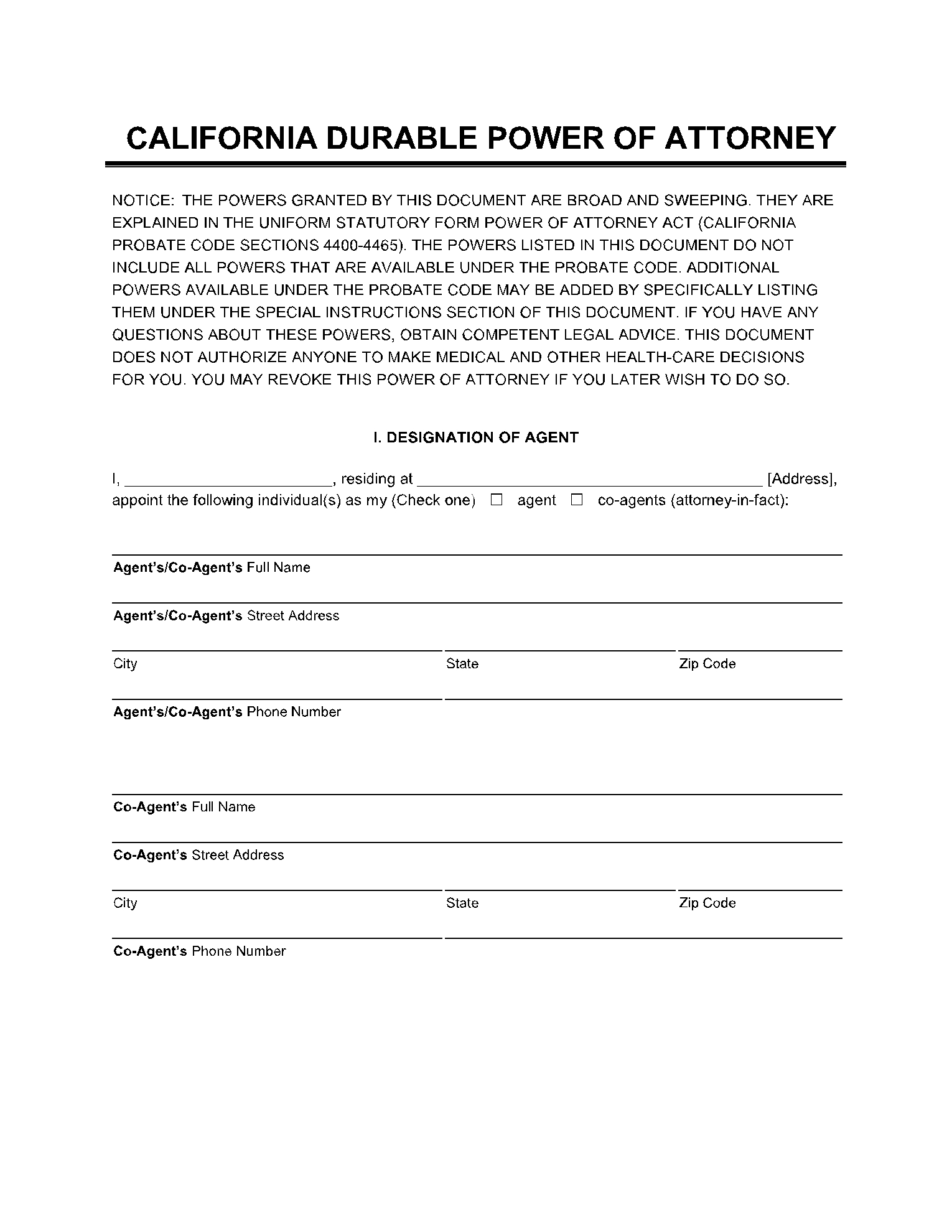 free printable durable power of attorney form