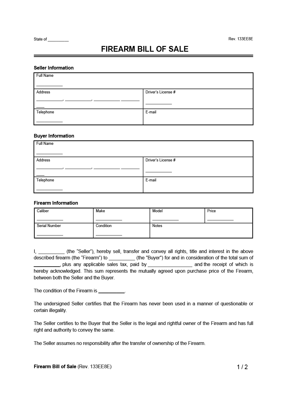 Free Firearm Gun Bill Of Sale Form PDF U0026 Word Templates
