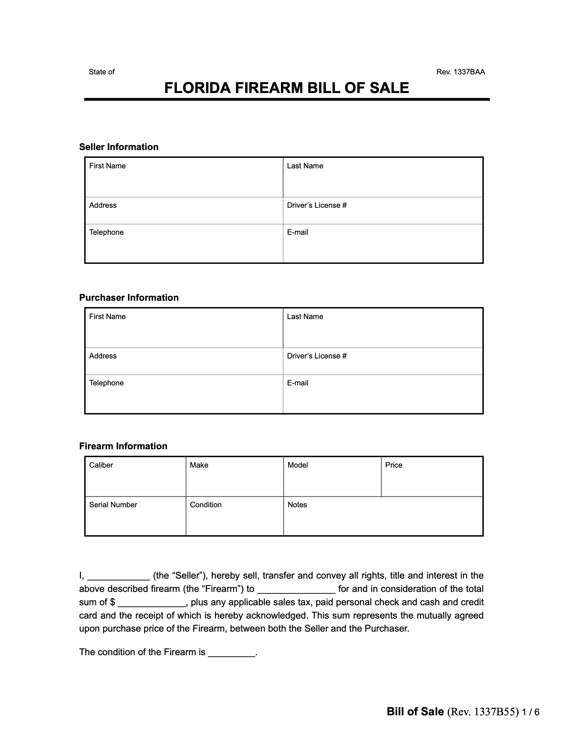 Free Florida Firearm Bill Of Sale Form PDF U0026 Word