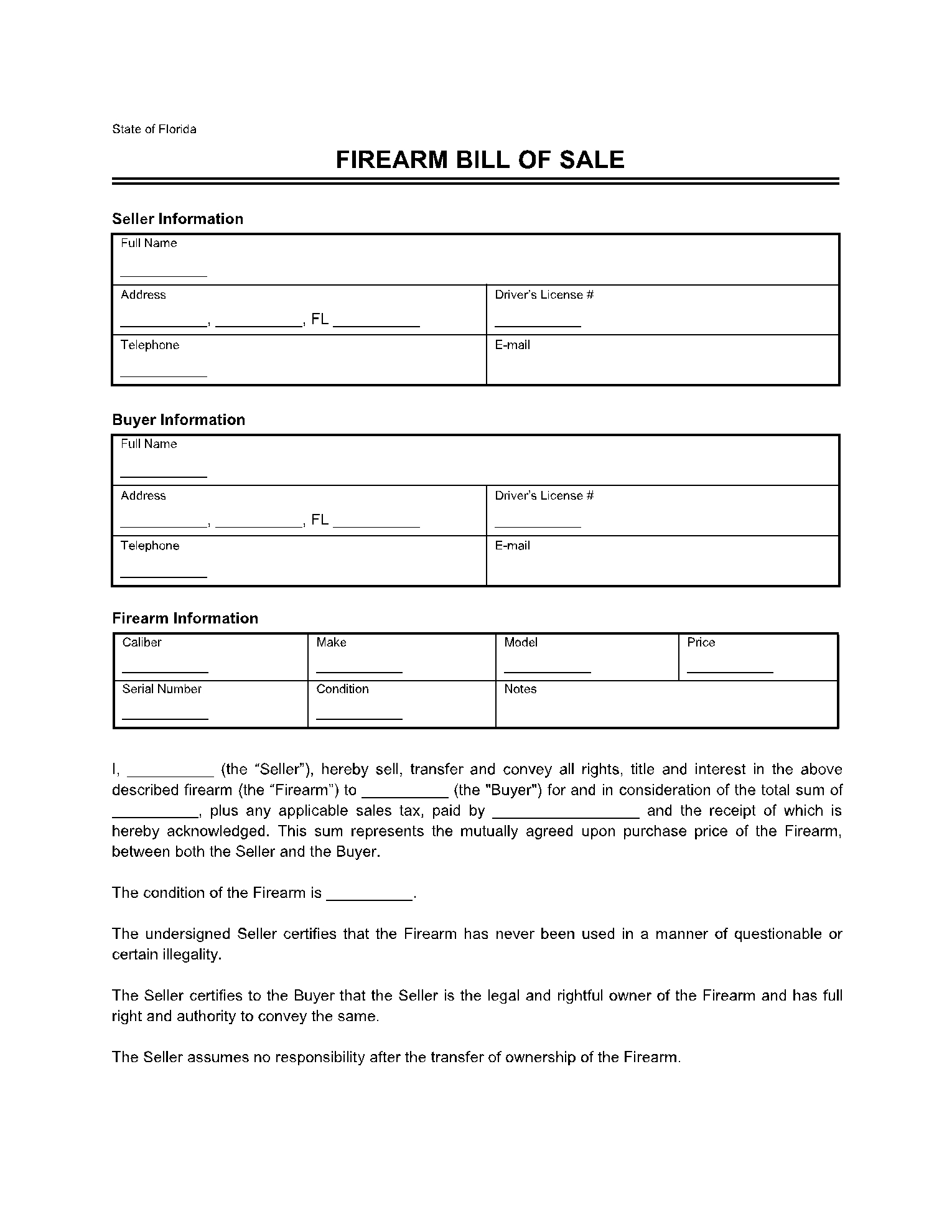 Free Florida Firearm Bill Of Sale Template In 2021 CocoSign
