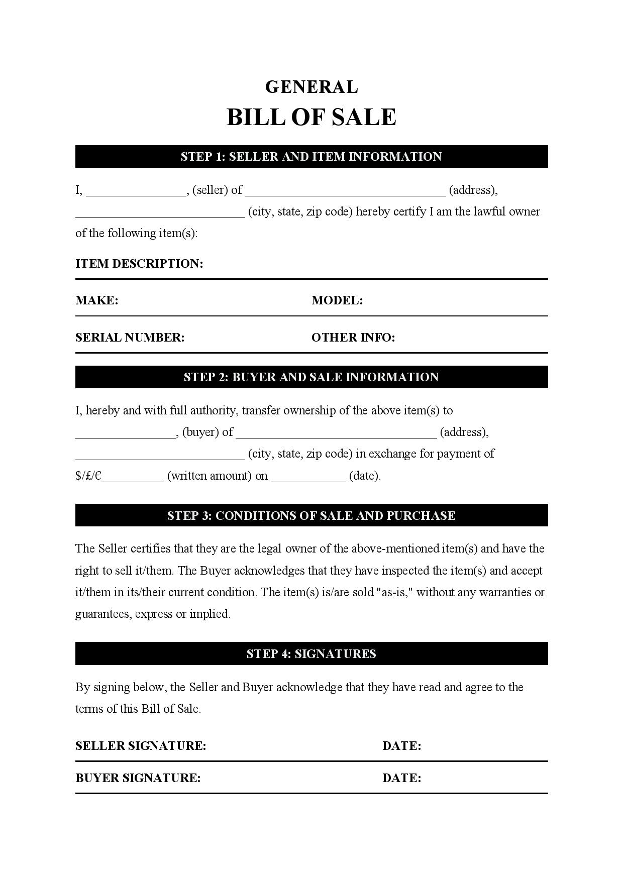 Free General Bill Of Sale Template PDF U0026 Word