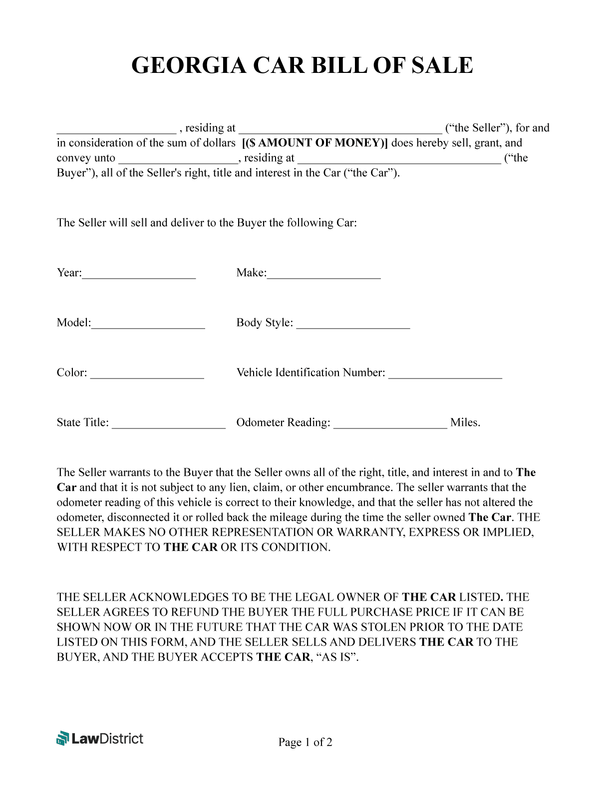 Free Georgia Bill Of Sale 11 Forms LawDistrict