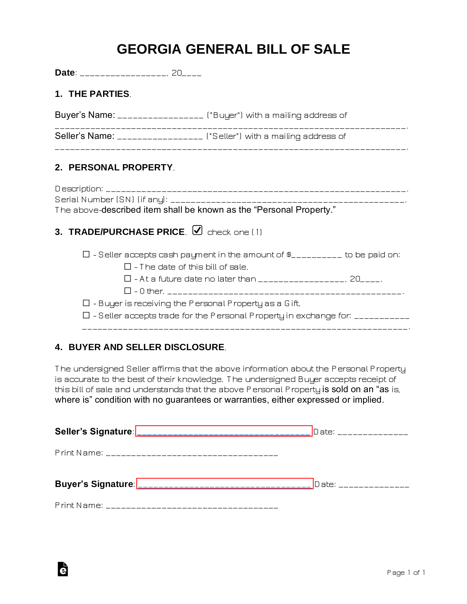 Free Georgia General Bill Of Sale Form PDF Word EForms