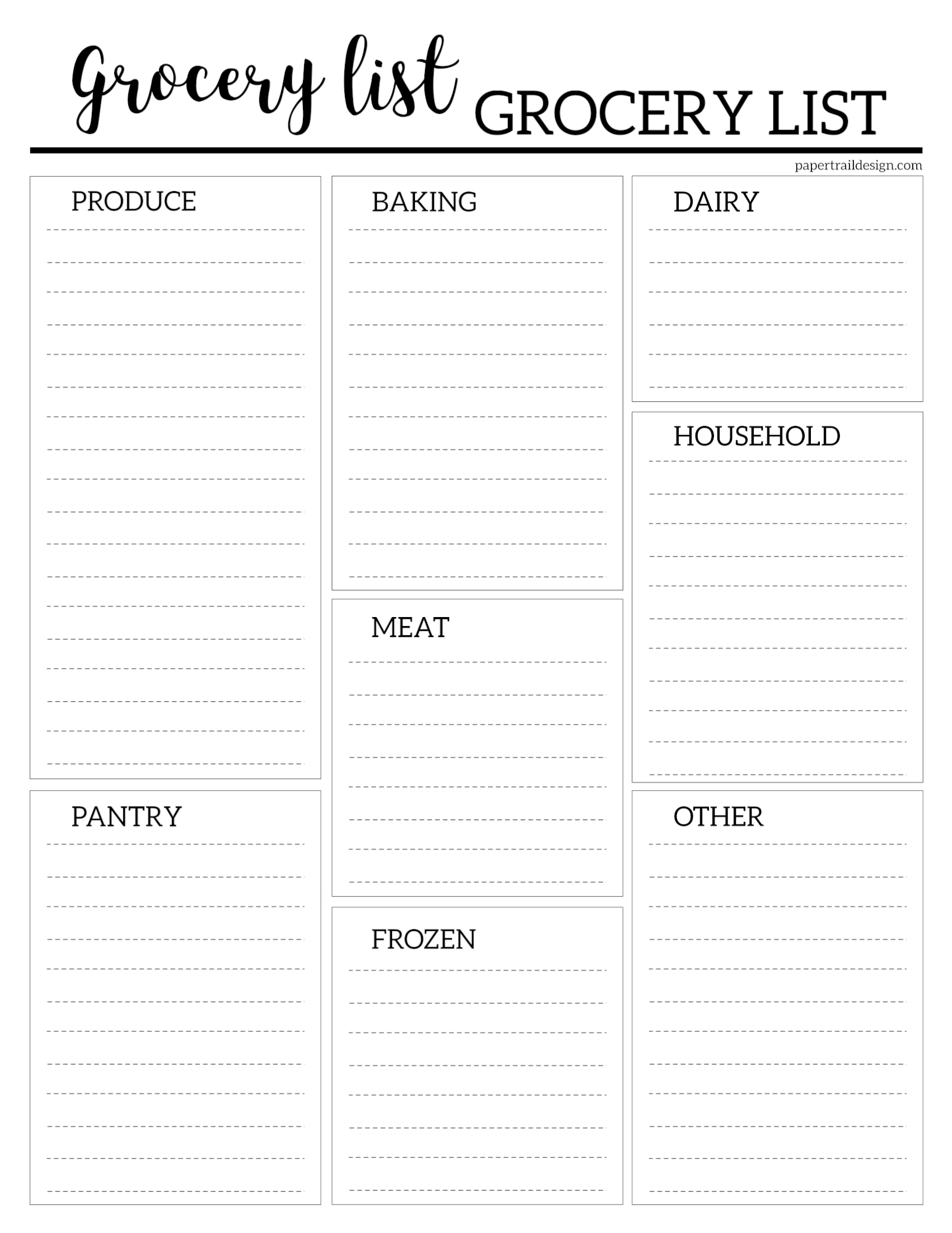 grocery list template free printable