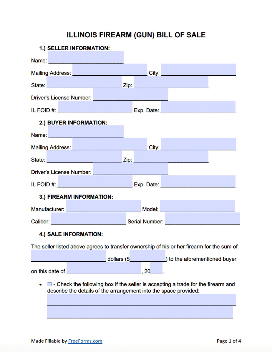 Free Illinois Firearm Gun Bill Of Sale Form PDF Word