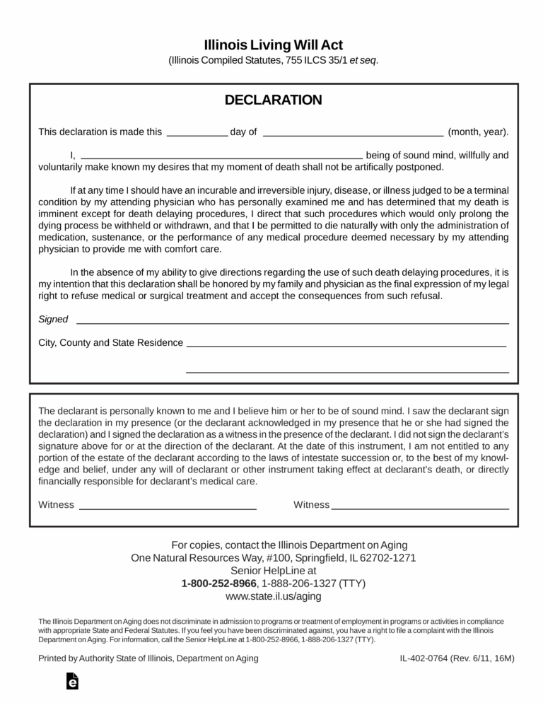 Free Illinois Living Will Form Declaration Template PDF EForms