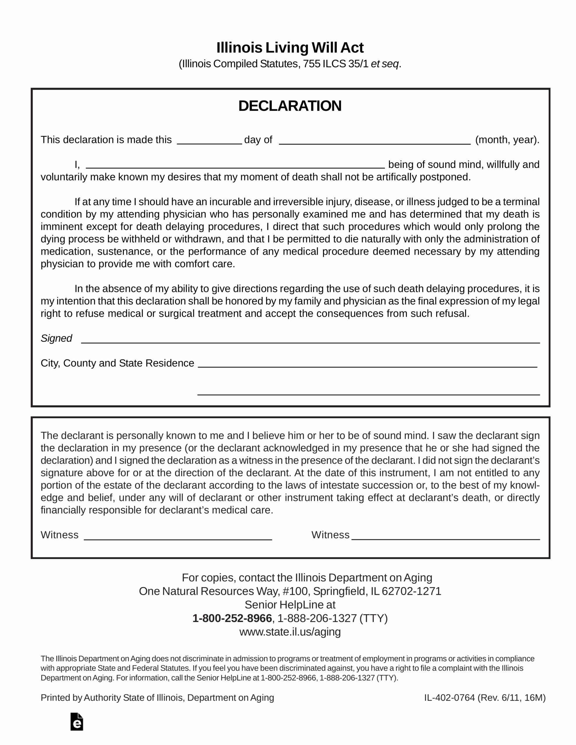 Free Illinois Living Will Form Declaration Template PDF EForms Free Illinois Living Will Form Declaration Template PDF EForms