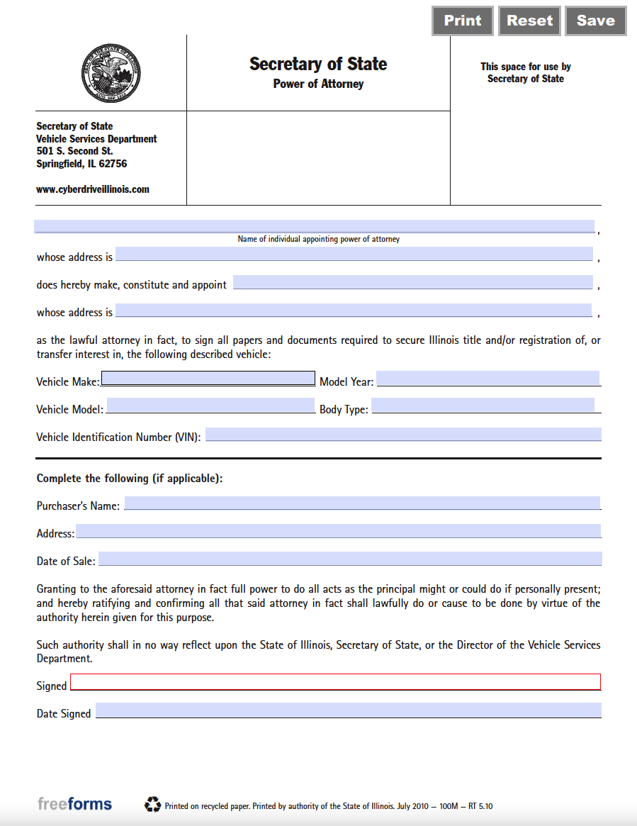 Free Illinois Motor Vehicle Power Of Attorney Form PDF