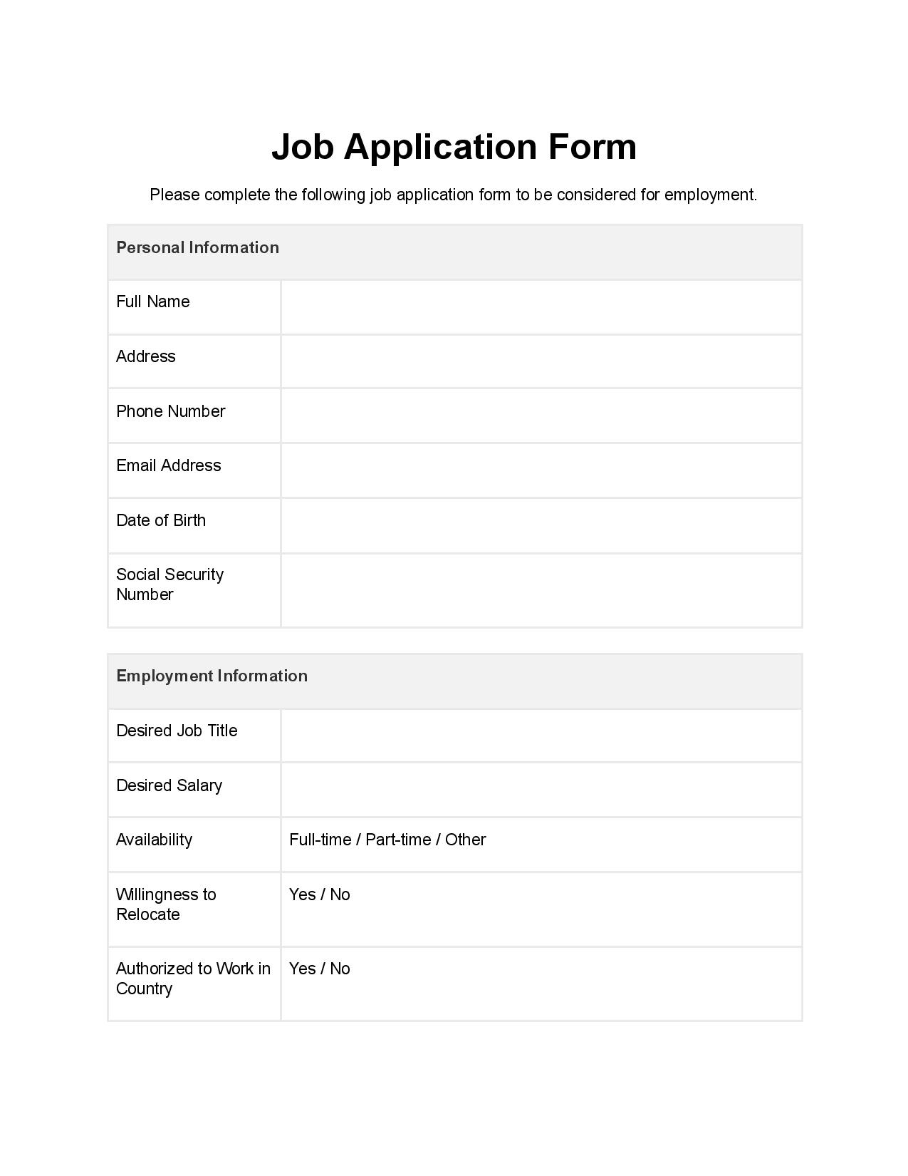 Free Job Application Form Template PDF U0026 Word Free Job Application Form Template PDF U0026 Word