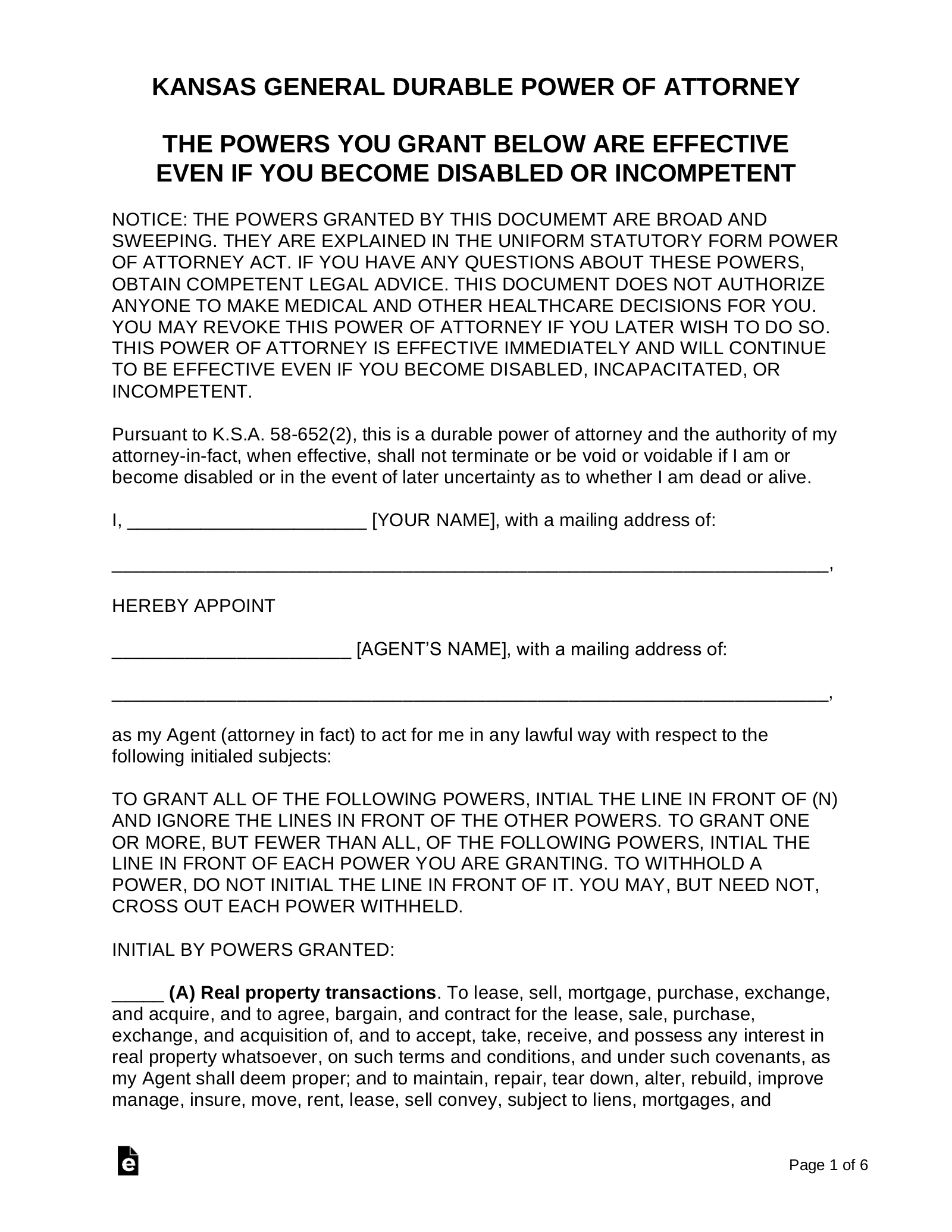 Free Kansas Durable Financial Power Of Attorney Form PDF 