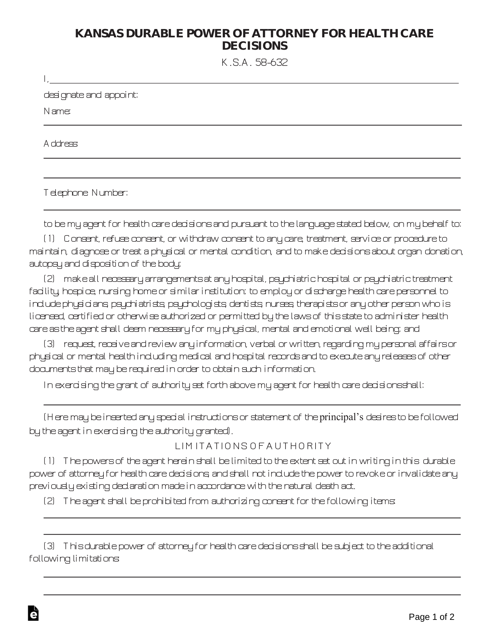 Free Kansas Medical Power Of Attorney Form PDF Word EForms