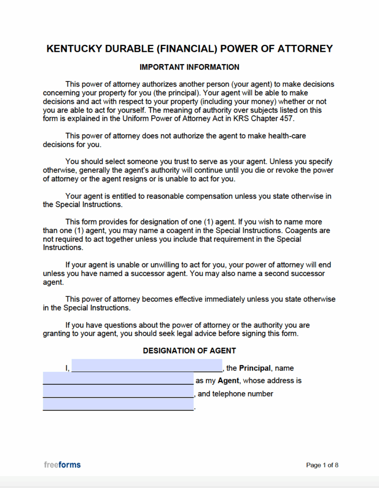 Free Kentucky Power Of Attorney Forms PDF Word
