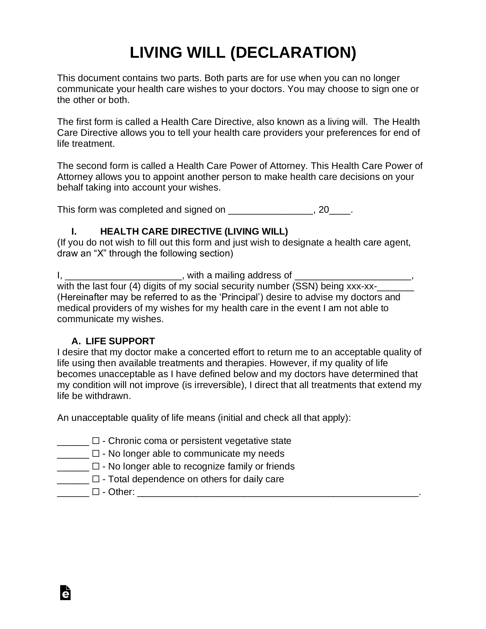 free printable advance directive form