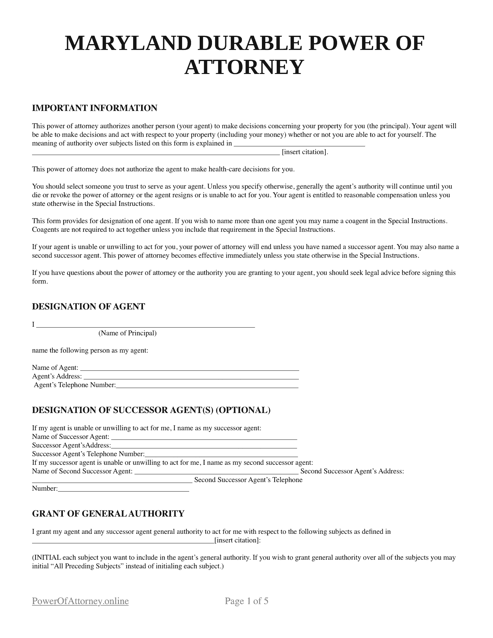 Free Maryland MD Power Of Attorney Forms U0026 Templates PDF Free Maryland MD Power Of Attorney Forms U0026 Templates PDF