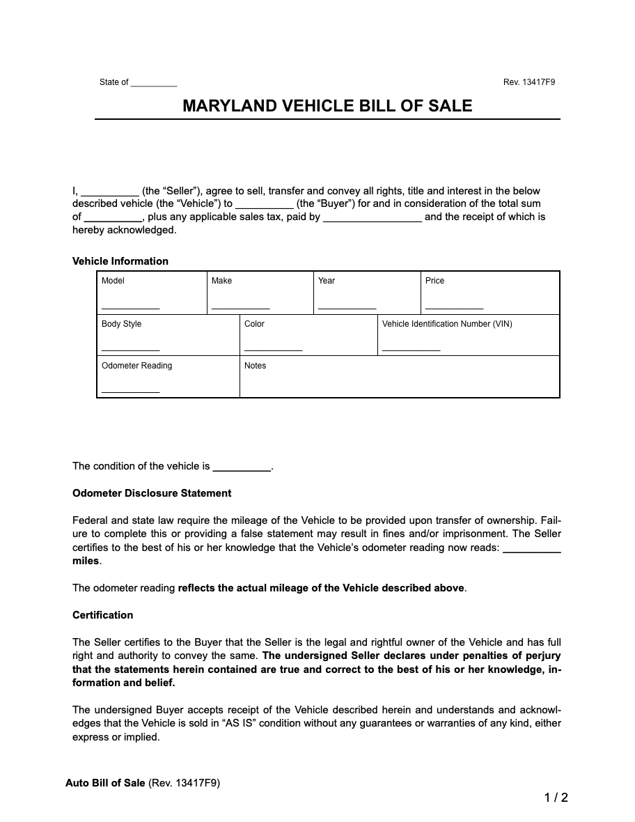Free Maryland Motor Vehicle Bill Of Sale Form PDF U0026 Word