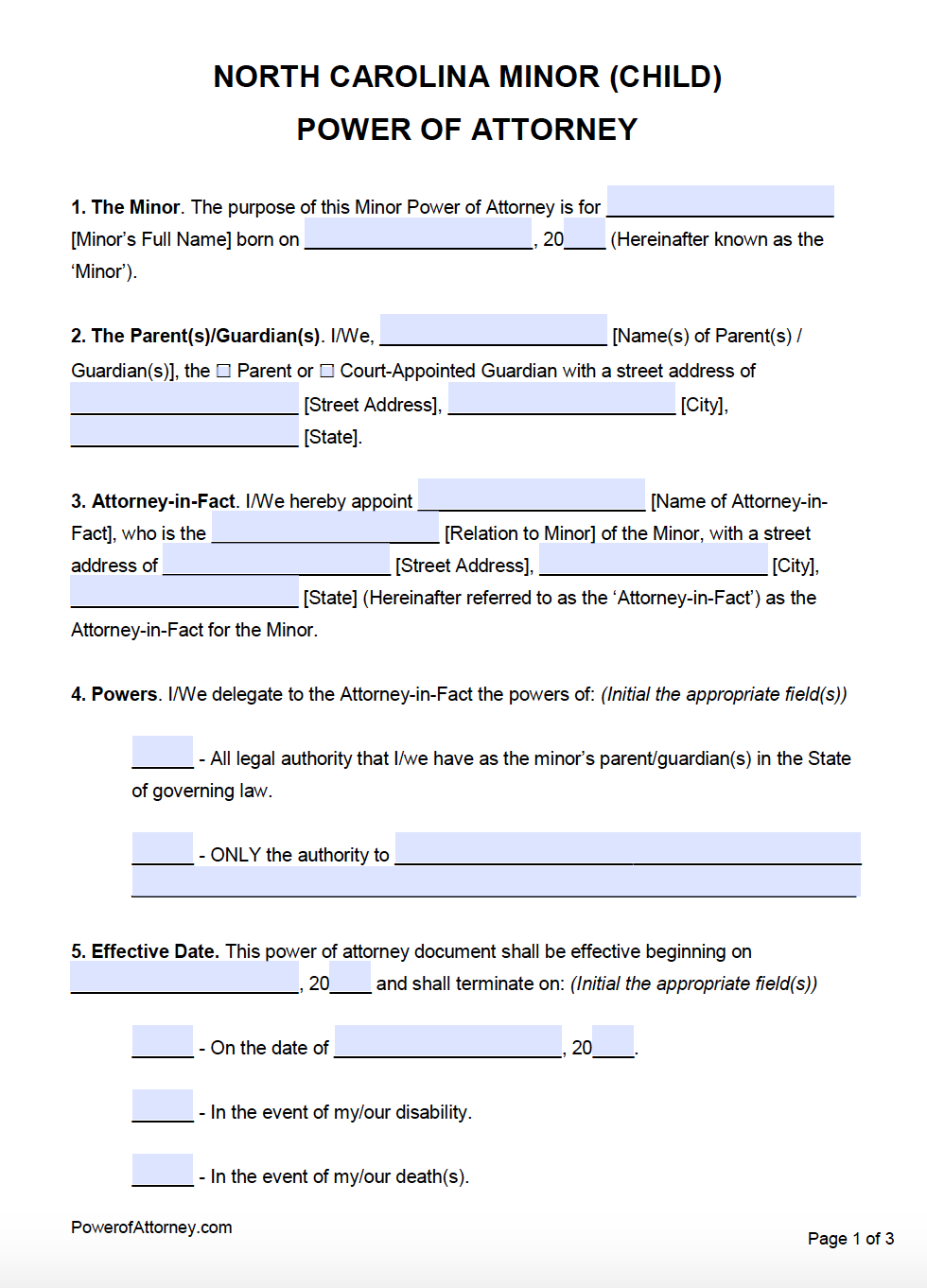 Free Minor Child Power Of Attorney North Carolina