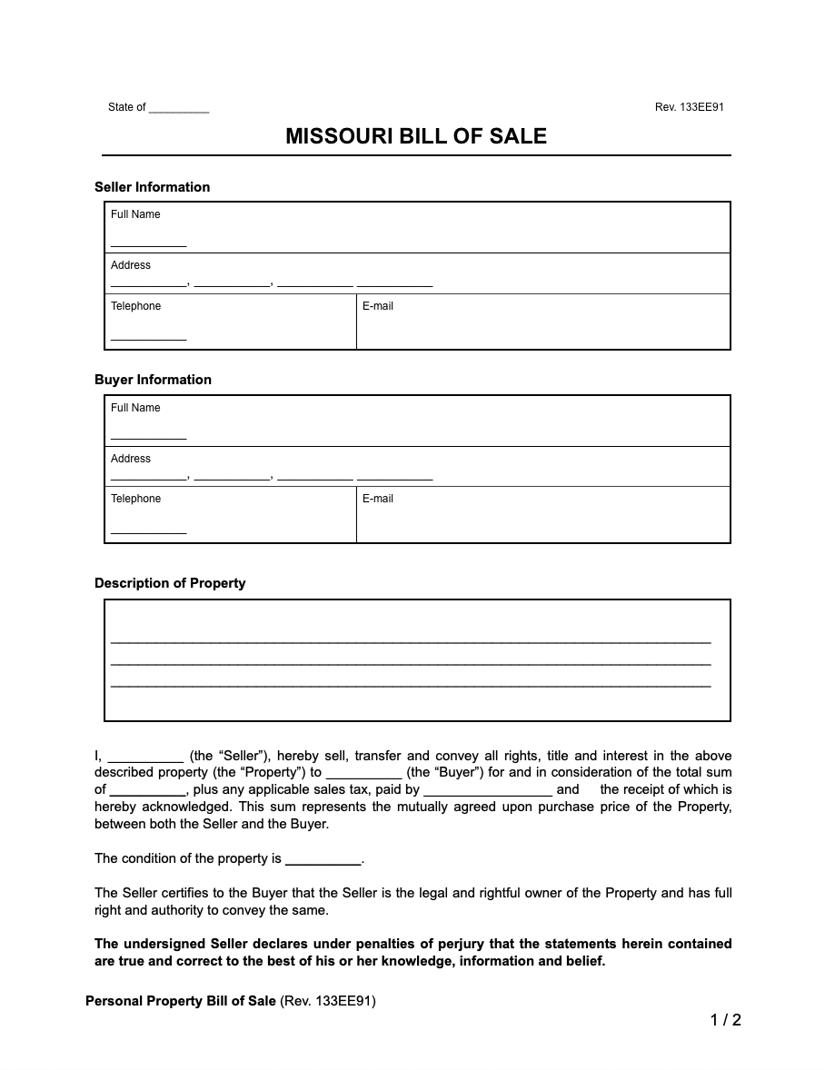 Free Missouri Bill Of Sale Forms Printable PDF U0026 Word