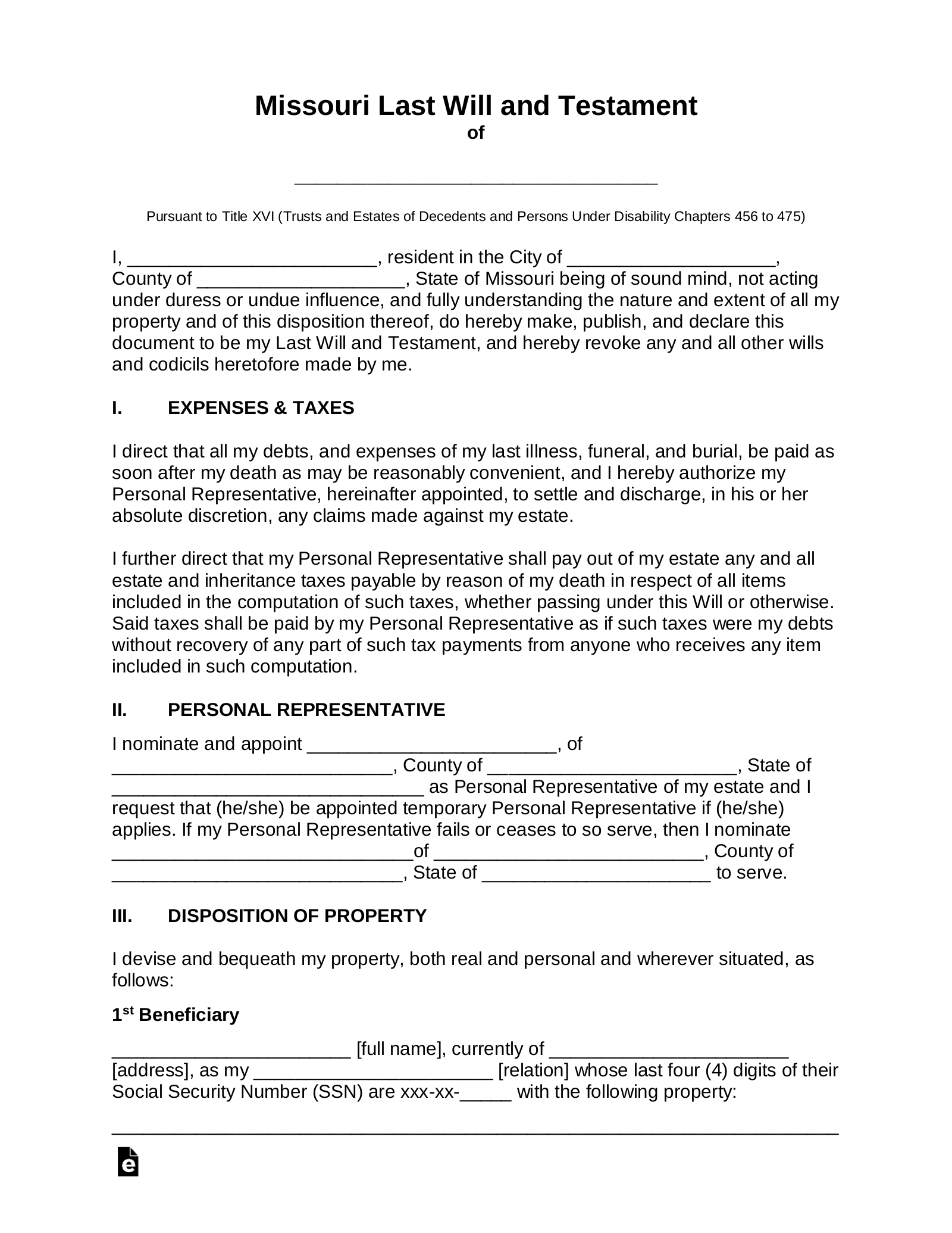 Free Missouri Last Will And Testament Template PDF Word EForms