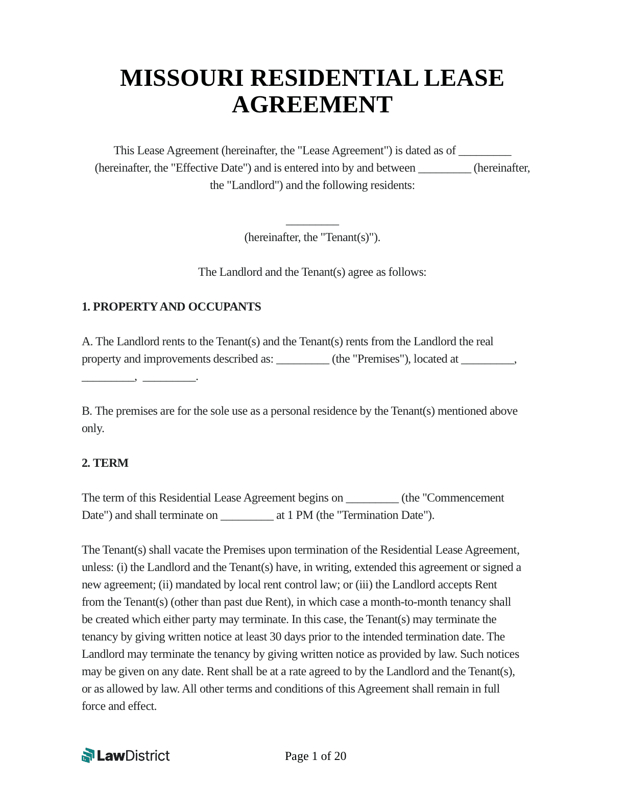 Free Missouri Lease Agreement 2025 Template LawDistrict