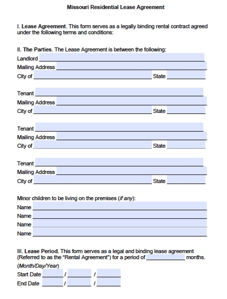 Free Missouri Rental Lease Agreement Templates PDF Word