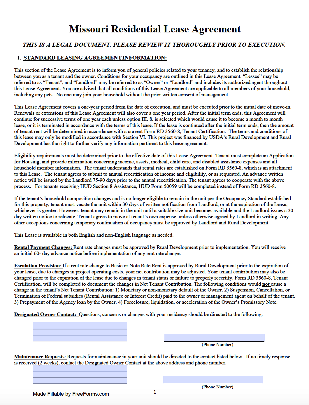 Free Missouri Rental Lease Agreement Templates PDF Word
