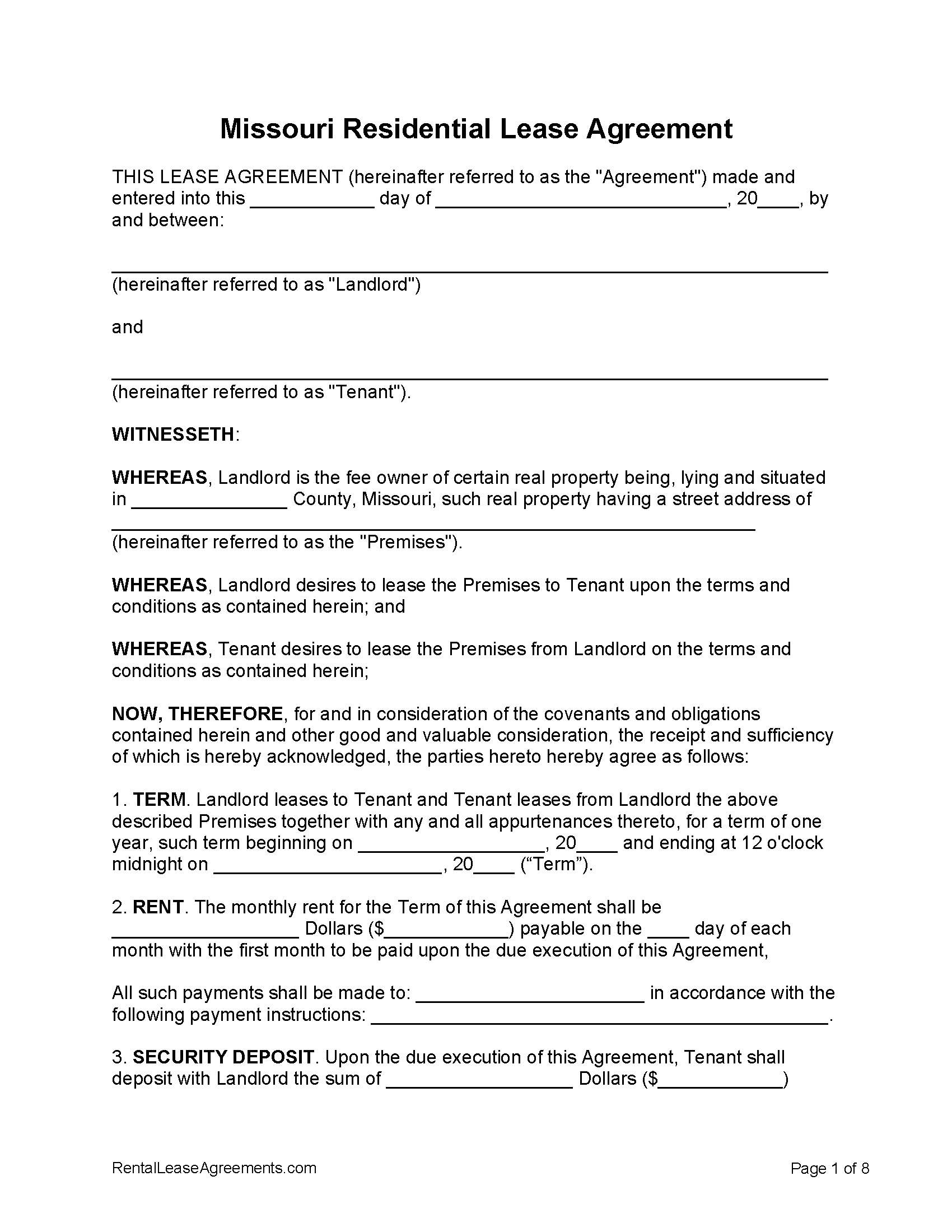 Free Missouri Residential Lease Agreement PDF