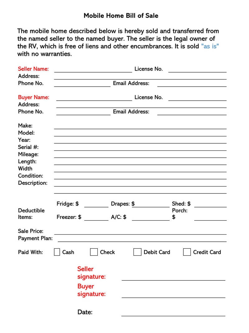 Free Mobile Home Bill Of Sale Forms Word PDF 