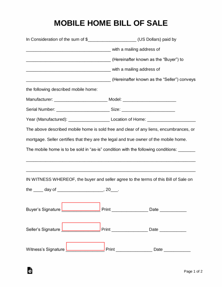 Free Mobile Manufactured Home Bill Of Sale Form PDF Word 