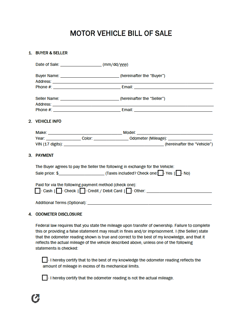 free printable bill of sale for car