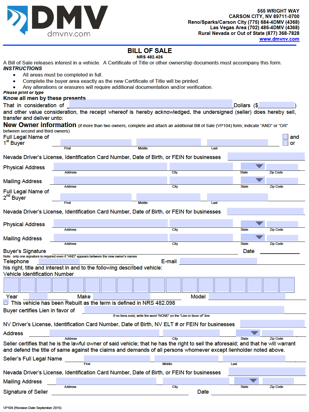 Free Nevada Motor Vehicle DMV Bill Of Sale Form PDF